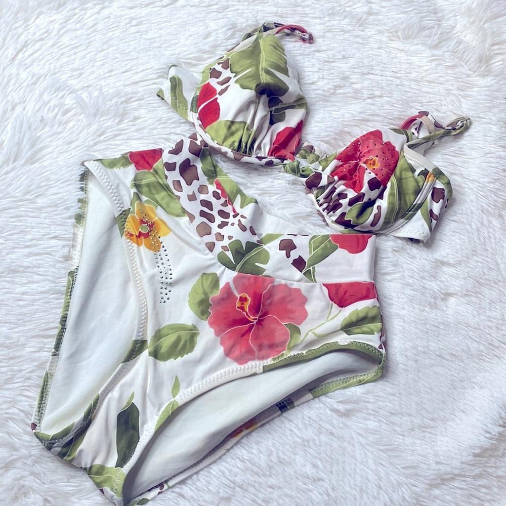 Endless Sun Green Red Tropical Floral Print Rhinestone Bikini Size Small